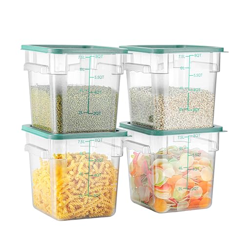 EGGKITPO 4 Pack 8 QT Food Storage Containers with Green Lids Handle and Scarle Stackable Clear Square Commercial Container Set For Dough Proofing Home Restaurant Kitchen Supply BPA-Free Polycarbonate - color: Green Lids, size: 8.0 QT