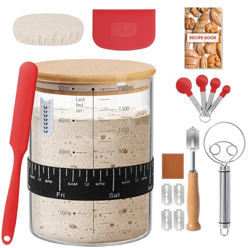 RYTOXILO Sourdough Starter Jar Kit, 50 Oz Glass Large Sour Dough Jars Wide Mouth for Beginners, 8 Pcs Bread Starter Container Set with Bamboo Lid, Sourdough Jar with Bread Baking Supplies Accessories - size: 1 Jar+7 Accessories