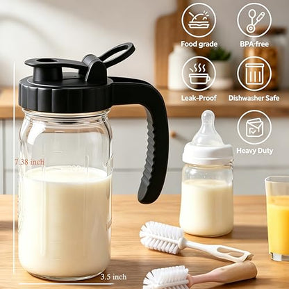 Mason Jar Pitcher 32 Oz Glass Breast Milk Pitcher With Spout Lid 1 Quart Wide Mouth Fridge Cold Hot Water Jug Airtight Small Creamer Pitchers For Iced Sun Tea Coffee Juice Beverage Heavy Duty - color: 32 OZ 2PC