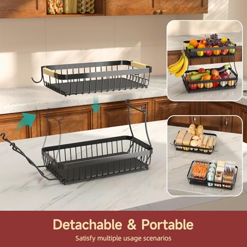 Sevenblue 2-Tier Fruit Basket with Banana Hangers, Detachable Metal Bowl | Wooden handle, protective mats included. Versatile holder for bread, snacks, and veggies. Large 2 tier metal design. - color: Black, size: 2 Tier