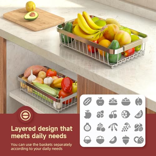 Sevenblue 2-Tier Fruit Basket with Banana Hangers, Detachable Metal Bowl | Wooden handle, protective mats included. Versatile holder for bread, snacks, and veggies. Extra Large 2 tier metal design. - color: Silver, size: 2 Tier Extra Large