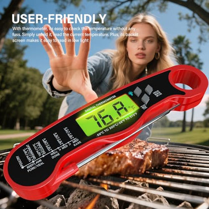 AWLKIM Meat Thermometer Digital, Instant Read Thermometer, Red | Food thermometer for grill, BBQ, candy, oil and baking; backlit display, foldable probe and magnetic storage - color: Red