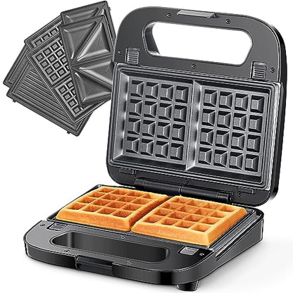 Reemix 3-in-1 Waffle, Grill & Sandwich Maker, Panini Press Grill and Waffle Iron Set with Removable Non-Stick Plates, Perfect for Grilled Cheese, Tuna Melts, Burgers, Steaks (Black, Stainless steel) - color: Black, Stainless steel