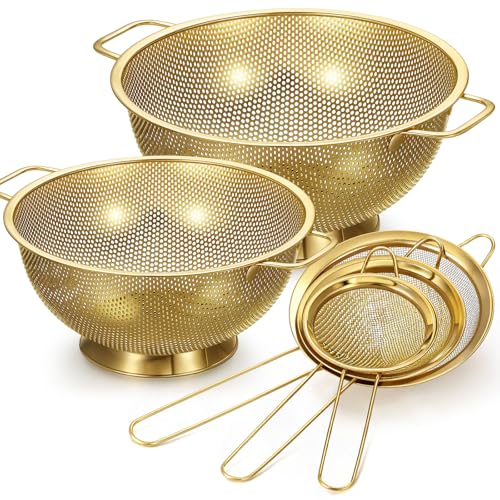 Baderke 5 Pcs Gold Strainers and Colanders Set Including 4/5 Quart Stainless Steel Colanders with Handles and 3 Pcs Fine Mesh Strainers for Kitchen Draining Rinsing Pasta Vegetables Rice