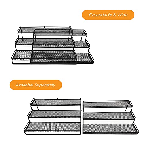 3 Tier Wide Expandable Cabinet Spice Rack Organizer (14.5" to 29.1") - Step Shelf with Protection Railing, Black | Wide, deep expandable spice rack for large spice jars, seasoning bottles, cans, and pantry organization. - color: Large & Wide