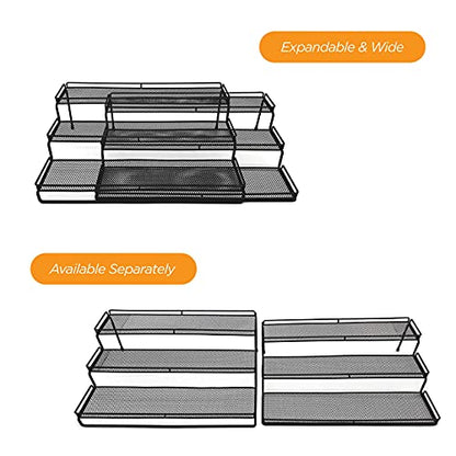 3 Tier Wide Expandable Cabinet Spice Rack Organizer (14.5" to 29.1") - Step Shelf with Protection Railing, Black | Wide, deep expandable spice rack for large spice jars, seasoning bottles, cans, and pantry organization. - color: Large & Wide
