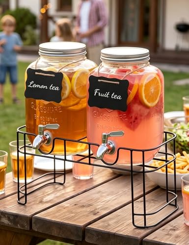 Glass Drink Dispenser for Parties, 1 Gallon Beverage Dispenser with Stand & Stainless Steel Spigot, 2 Pack Lemonade Dispenser with Fruit Filter & stirring spoon, Juice Pitcher for BBQ Picnic Party