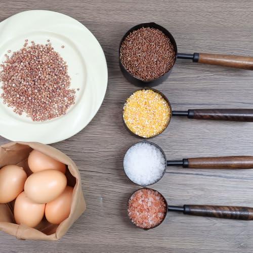 Set of 4 Measuring Cups and Spoons Black Measuring Cups with Wooden Handle Stainless Steel Measuring Spoons and Scoops Set for Kitchen Flour Spice Seasoning Measurement (1+1/2+1/3+1/4 Cup) - size: 1+1/2+1/3+1/4 Cup