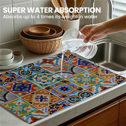 Talavera Mexican Tiles Dish Drying Mat For Kitchen Counter, Super Absorbent Microfiber Dish Drying Pad, Kitchen Gadgets For Easy Clean Multi-Use Large 18"x24" - color: Talavera Mexican Tiles