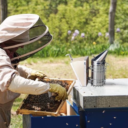 Beehive Smoker Kit with Hive Scraper - Heavy Duty Stainless Steel with Heat Shield Upgraded Leather Bellow | Suitable for All Beekeepers