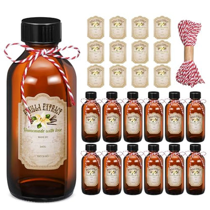 Uiifan 12 Pack Amber Glass Bottle Boston Round Bottles with Caps Refillable Vanilla Extract Jars Gift for Homemade Vanilla Extract Making, Brewing, Kombucha, Oil & Long-term Liquid Storage(2 oz) - size: 2 Ounces