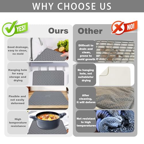 To encounter Silicone Dish Drying Mat - Extral Large 24" x 18" - Set of 2 Flexible Rubber Drying Mat, Heat Resistant Silicone Trivet, Countertop Mat, Dish Draining Mat, Sink Mat - size: 24" x 18"