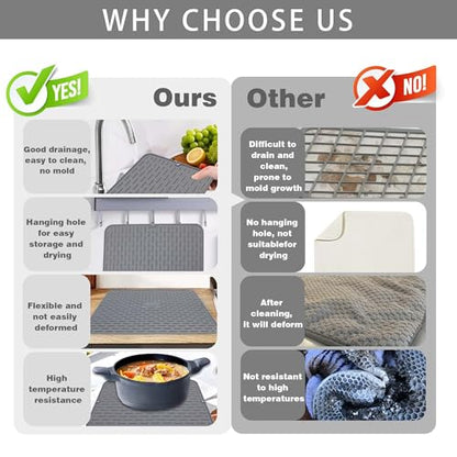 To encounter Silicone Dish Drying Mat - Extral Large 24" x 18" - Set of 2 Flexible Rubber Drying Mat, Heat Resistant Silicone Trivet, Countertop Mat, Dish Draining Mat, Sink Mat - size: 24" x 18"