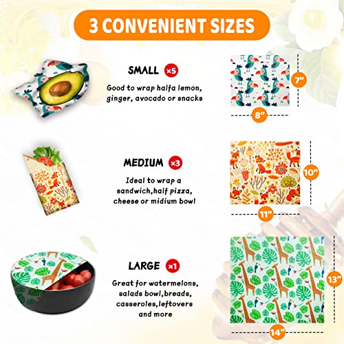 Reusable Beeswax Wrap - 9 Pack, Beeswax Wraps for Food, Eco-Friendly Beeswax Food Wrap, Organic, Sustainable, Biodegradable, Zero Waste, Plastic-Free Food Storage (1L Giraffe | 3M Fox | 5S Bird) - size: 1L Giraffe | 3M Fox | 5S Bird