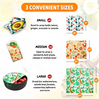 Reusable Beeswax Wrap - 9 Pack, Beeswax Wraps for Food, Eco-Friendly Beeswax Food Wrap, Organic, Sustainable, Biodegradable, Zero Waste, Plastic-Free Food Storage (1L Giraffe | 3M Fox | 5S Bird) - size: 1L Giraffe | 3M Fox | 5S Bird