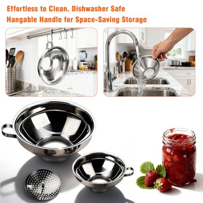 3-Piece Canning Funnel Set with Mesh Strainer - Wide & Regular Mouth Mason Jar Funnels (Large & Small) - for Kitchen, Jam, Spices, Flour & DIY - Stainless Steel