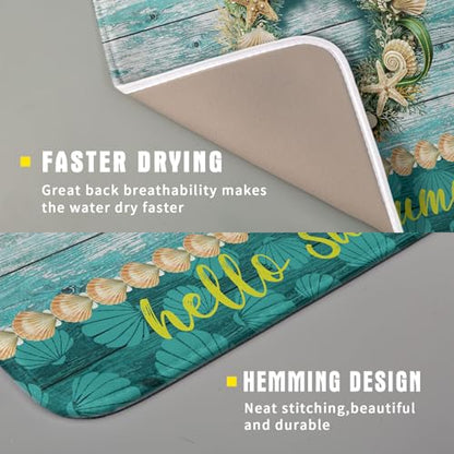 Hello Summer Dish Drying Mat for Kitchen Counter,Sea Shell Starfish Coastal Wreath Drying Mat 16 x 18 Inch with Absorbent Reversible Microfiber Drying Pad for Coffee Bar - size: 16" x 18"