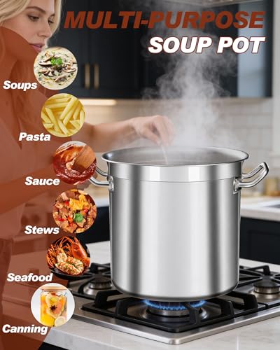 24 Quart Stainless Steel Stock Pot with Lid – Heavy Duty Cooking Pot for Soup, Stew, Pasta – Induction Compatible, Dishwasher Safe – Ideal for Home & Commercial Use - size: 24 Quarts