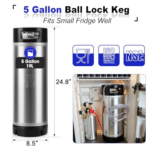 Cornelius Keg New 5 Gallon Ball Lock Keg, 304 Stainless Steel Corny Keg Beer Keg with Ball Lock Quick Disconnects & Ball Lock Keg Posts, 2.5 Gallon Keg with Dual Rubber Hanlde for Homebrew