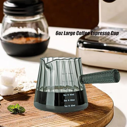 FANTESTICRYAN 6OZ Measuring Cup, Ribbed Borosilicate Glass Espresso Cup, V-Shaped Spout Drain Espresso Double Shots, Coffee Milk Tea Accessories (Dark Gray, Glass Handle) - style: Dark Gray Glass
