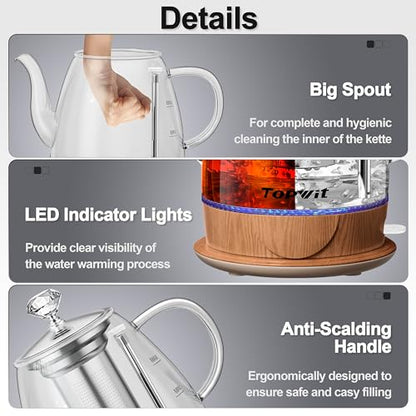 Topwit Electric Kettle Glass, For Hot Water, Tea and Coffee Dual Purpose Design, BPA-Free, 1L Pour Over Removable Stainless Steel Infuser, Auto-shut Off & Boil-dry Protect - color: Wood