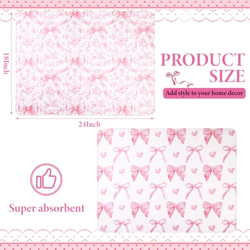 SiliFine 2 Pcs Large Coquette Pink Bow Dish Drying Mat Large for Kitchen, 18 X 24 Inch Bow Absorbent Microfiber Coffee Bar Pad for Women Counter Kitchen Home Accessories Party Gifts - style: Pink Bow