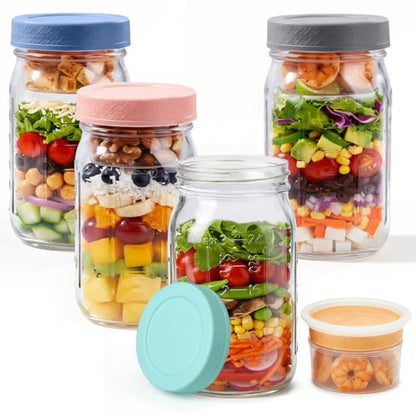 ComSaf 32oz Glass Salad Jars for Meal Prep 4-Pack, Round Mason Salad Jars with Dressing Cup & Leakproof Lid, Anti-Soggy Salad Shaker for Office & Fitness, Precision Portion Control, Wellness