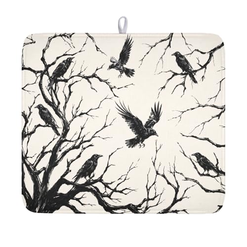 Halloween Crows Dish Drying Mat for Kitchen Counter Vintage Spooky Black Tree Branches Raven Pattern Microfiber Dish Drainer Mat Rustic Absorbent Washable Drying Pad 16"x18" - color: Halloween Crow, size: 18" x 16"