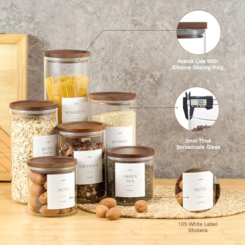 2 Pack Glass Rice Containers with Acacia Wood Lids, 70oz Airtight Flour and Sugar Jars with 105 Labels, Large Glass Pantry Storage Jars for Cereal, Protein Powder, Cookies, Dry Food - size: 70oz 2 Pack