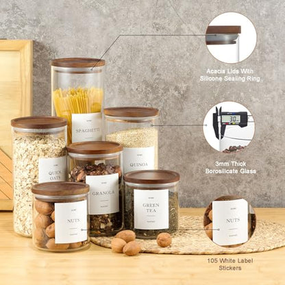 2 Pack Glass Rice Containers with Acacia Wood Lids, 70oz Airtight Flour and Sugar Jars with 105 Labels, Large Glass Pantry Storage Jars for Cereal, Protein Powder, Cookies, Dry Food - size: 70oz 2 Pack