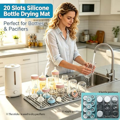 Silicone Baby Bottle Drying Mat, 20 Slots, BPA-Free Non-Toxic, Dishwasher Safe, Foldable Space-Saving Design for Nursery, Kitchen & Travel (Hot Silicone Drying Mat)
