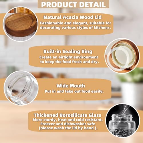17 Fl oz/500 ml Glass Food Storage Jar, Premium Clear Glass Container Jar with Airtight Screw-on Wooden Lid, Kitchen Canisters for Coffee,Tea,Pasta,Cookies, Nuts,Spice,Candy,Overnight Oatmeal（Small)