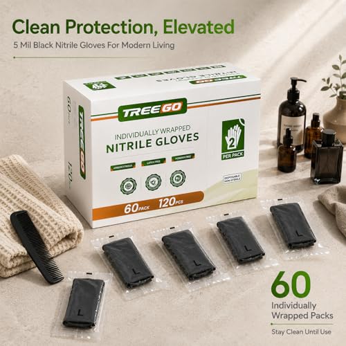TREEGO Black Individually Wrapped Nitrile Gloves Bundle, Large, 110 Pairs Total, Disposable 5 Mil Latex Free Powder Free Gloves for Cleaning, Auto Detailing, Food Prep, Maintenance & Everyday Use