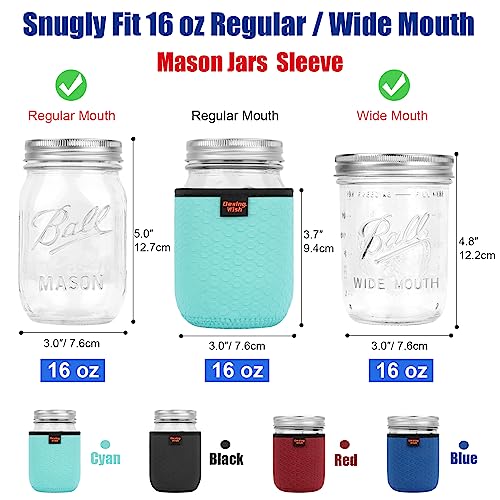 16 oz Regular/Wide Mouth Mason Jar Neoprene Sleeve, 16oz Non-slip Cozy Insulated Glass Jars Protector Holder Sleeves 3.0 x 3.7 Inches - 4 Pack (Black/Red/Blue/Cyan) - color: 16 oz Sleeves (3.0 x 3.7 In) - Black/Red/Blue/Cyan