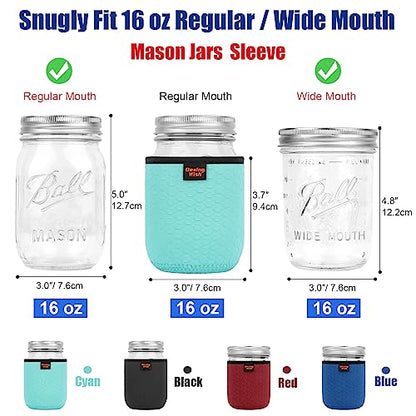 16 oz Regular/Wide Mouth Mason Jar Neoprene Sleeve, 16oz Non-slip Cozy Insulated Glass Jars Protector Holder Sleeves 3.0 x 3.7 Inches - 4 Pack (Black/Red/Blue/Cyan) - color: 16 oz Sleeves (3.0 x 3.7 In) - Black/Red/Blue/Cyan