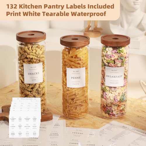 3 Pack Glass Canisters with Airtight Acacia Lids and 132 Kitchen Pantey Labels Preprint - 45 Fl Oz Borosilicate Glass Pantry Storage Jars Containers with Wooden Lids for Tea,Sugar,Cookie,Coffee,Nuts - size: 45oz-3 Pack