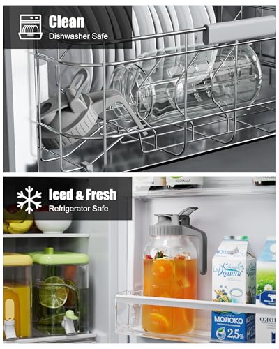 OneDream 64oz Mason Jar Pitcher, Airtight & Leakproof Glass Pitcher with Lid, Perfect for Sun Tea, Iced Tea, Cold Brew and Breastmilk, 2 Quart (1/2 Gallon) Mason Jar with Pour Spout Lid and Handle - color: Gray, size: 64 Ounces