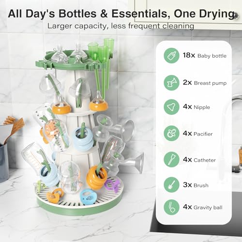 TAZENI Large Baby Bottle Drying Rack with 20 Hooks, Tree-Shaped Space Saving Countertop Bottle Dryer, 360° Air Flow, Non-Slip Stable Base - Baby Bottle Organizer, Newborn Essentials Must Haves