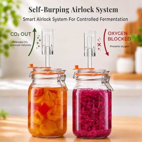 Fermentation Jar, 1.5L Glass Fermenting Kit with Airlocks, 2-Pack | Wide-Mouth Glass Jars With Self-Burping Airlocks for Sauerkraut, Kimchi, Pickles, Mead, Cider and Other Homemade Ferments