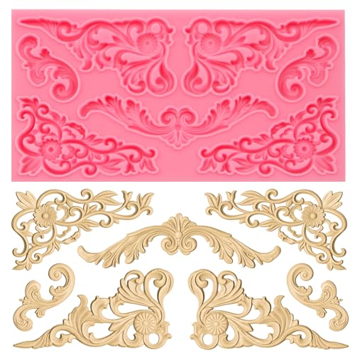 Vintage Curlicues Silicone Molds, Baroque Style Corner Relief Chocolate Molds, Filigree Scroll Flower Sculpted Cake Border Fondant Baking Molds for Cake Decoration Candy Clay Resin - color: pink(M14)
