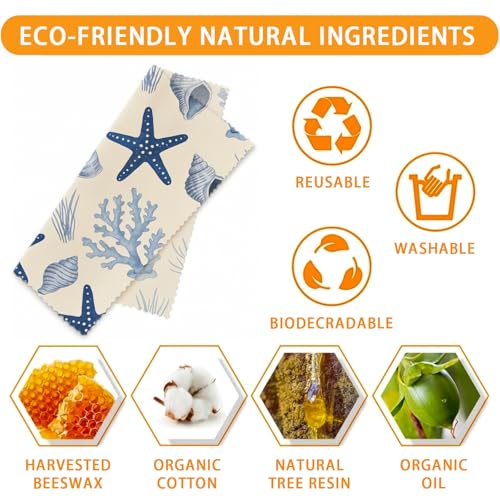 Reusable Beeswax Wraps, Sea Turtle&Starfish Shell Wraps, 9 Pack Eco-Friendly Food Storage, Organic, Sustainable, Zero Waste, Plastic-Free, Sandwich, Bowl, Fruit, 1XL, 3M, 5S - color: Blue Ocean