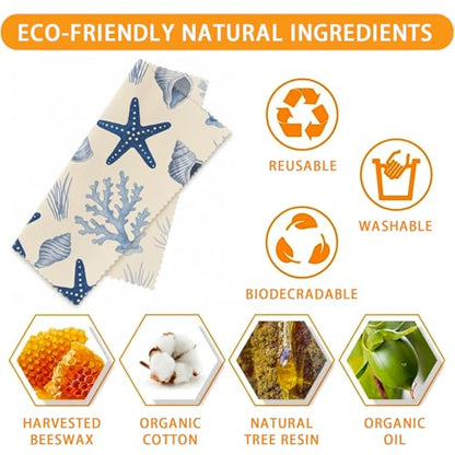 Reusable Beeswax Wraps, Sea Turtle&Starfish Shell Wraps, 9 Pack Eco-Friendly Food Storage, Organic, Sustainable, Zero Waste, Plastic-Free, Sandwich, Bowl, Fruit, 1XL, 3M, 5S - color: Blue Ocean
