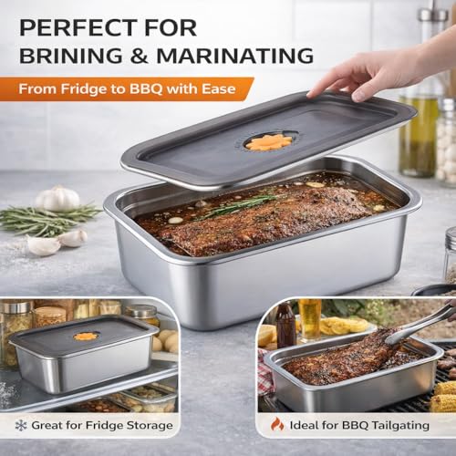 2 Pack Stainless Steel Marinade Containers with Lid, 5.6 Qt Meat Marinating & Brining Containers, Food Grade BPA Free Brisket Brine Tub, Dishwasher Safe Meat Container for BBQ & Food Storage