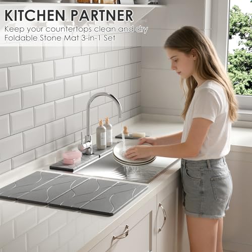 3 PCS Large Stone Dish Drying Mat for Kitchen Counter -24"x16" Absorbent Diatomaceous Earth Mat with Stone Faucet Mat & Soap Tray - Quick Dry, Collapsible, Non-Slip Countertop Organizer - color: Striped carving patterns