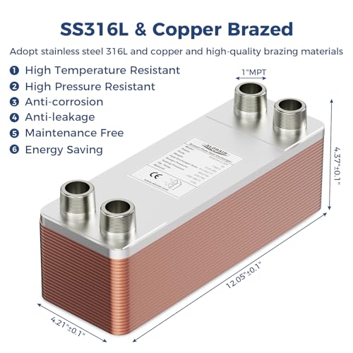 ALORAIR 4"x12" 30 Plates Heat Exchanger with 1" MPT Port,316L Stainless Steel Water to Water Brazed Plate Heat Exchanger for Floor Heating, Water Heating, Commercial and Industrial Refrigeration - size: WHE4X12-30P