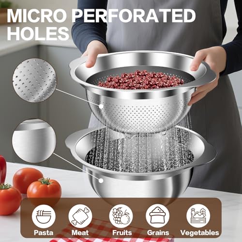 Colander, Strainer Bowl, Stainless Steel Colander, Rice Washing Bowl, Pasta Strainer & Vegetable Washer, Kitchen Strainer with Mixing Bowl for Draining, Food Prep, Dishwasher Safe, 5QT - size: 5+5QT Bowl