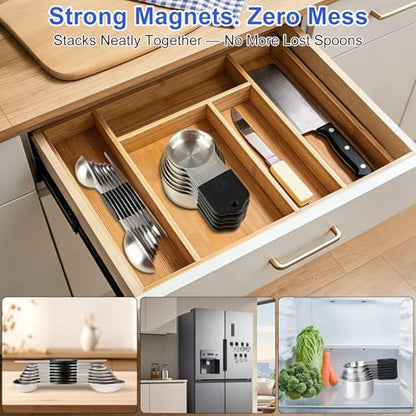 Magnetic Measuring Cups and Spoons Set, Kitchen Measuring Tools for Cooking and Baking - color: Silver