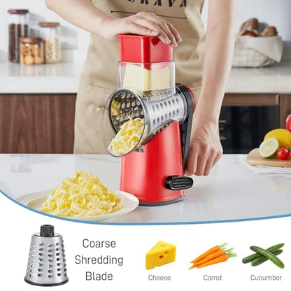 VEKAYA Rotary Cheese Grater Hand Crank with 4 Interchangeable Stainless Steel Blades, Large Manual Handle Shredder and Waffle Slicer for Vegetables, Cheese and Nuts with Table Suction Base (Red) - color: Red