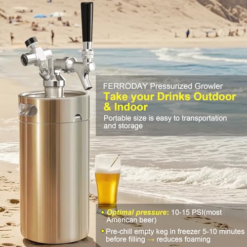 Ferroday Mini Keg Growler Tap System, 128Oz Mini Beer Growler, Stainless Steel Home Draft Beer Dispenser With Faucet&Co2 Regulator, Portable Beer Tap System Keep Beer Fresh And Carbonation - color: Silver
