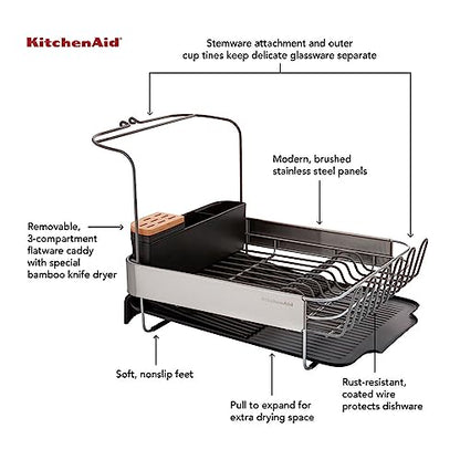KitchenAid Full Size, Rust Resistant Expandable Dish Rack with Angled Self Draining Drainboard, 24-Inch, Black - color: Black, size: Expandable